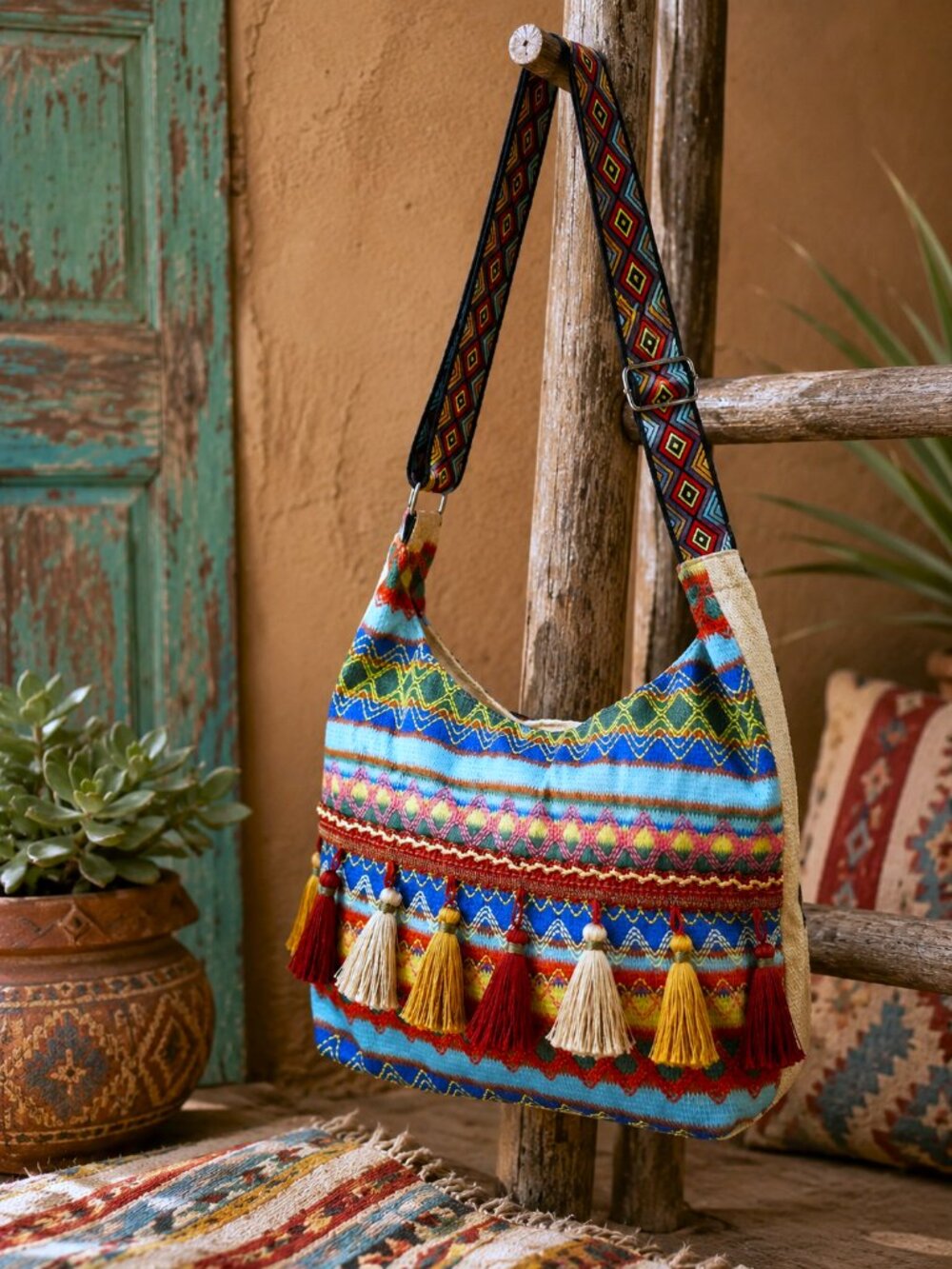 Boho Southwestern Woven Tassel Hobo Bag Aztec Tribal Crossbody Shoulder Purse - Picture 8 of 8